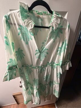 Women’s White/Green Palm-Print Midi Dress - Lightweight Tiered V-Neck